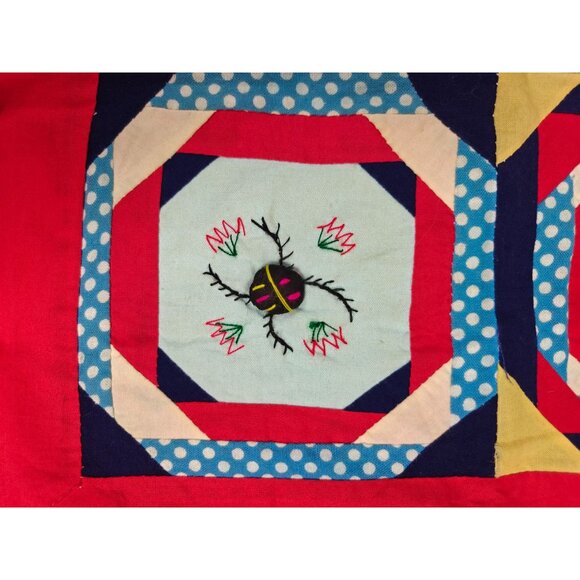 Vintage Handmade Red Throw Pillow Cover Embroidered Asian Oriental Patchwork - Picture 6 of 9